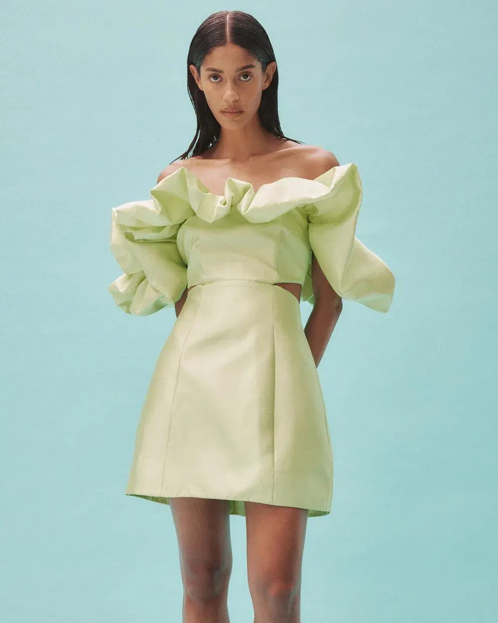 Alemais Suzi Off Shoulder Mini Dress in Green Size 10 - Image 2