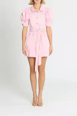 Aje Flora Denim Puff Sleeve Mini Dress Pink Size 10 for rent on The Volte - image 1