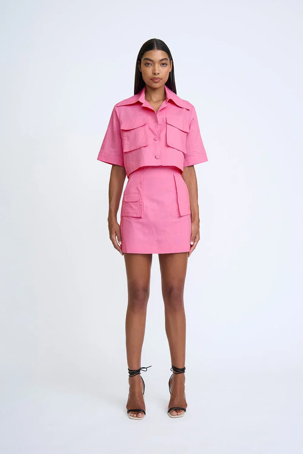 By Johnny Pink Salt Pocket Crop Shirt & Mini Skirt Set in Pink Salt Size 10 for rent on The Volte - main image