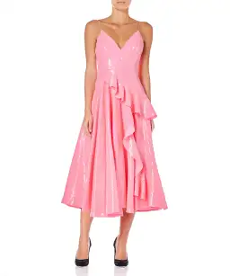 Alex Perry Paxton Ruffle Midi Dress Pink Sequin Size 8 for rent on The Volte - image 1