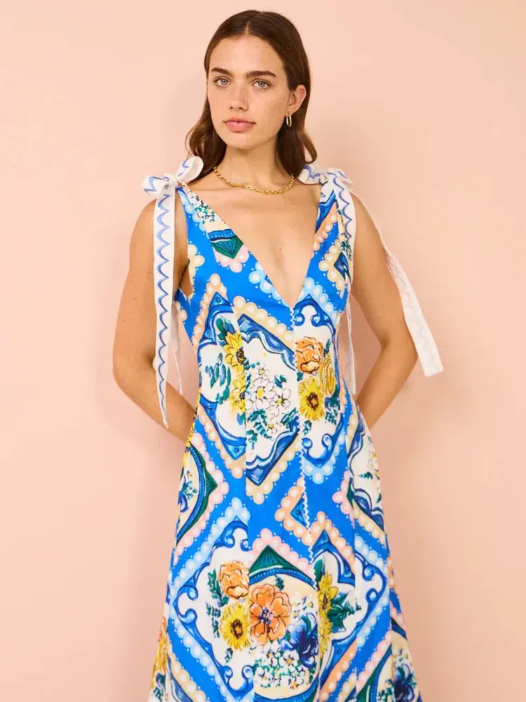 By Nicola Adoncia Tie Shoulder Maxi Dress Azure Floral Size 10 for rent on The Volte - main image