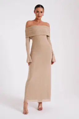 Meshki Marcel Off Shoulder Diamante Maxi Dress Nude for rent on The Volte - image 1
