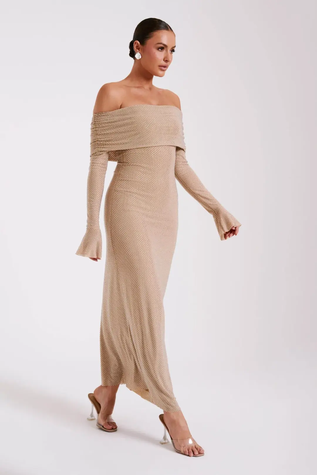 Meshki Marcel Off Shoulder Diamante Maxi Dress Nude for rent on The Volte - main image