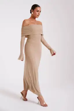 Meshki Marcel Off Shoulder Diamante Maxi Dress Nude for rent on The Volte - image 2