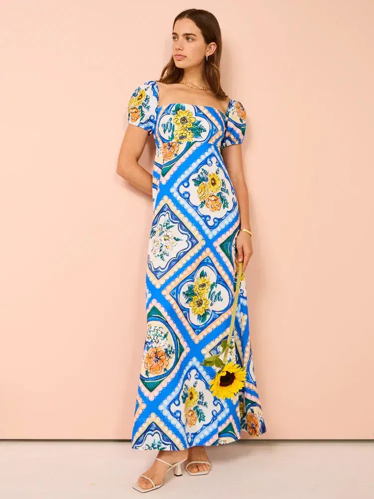By Nicola Mariposa Puff Sleeve Maxi Dress in Azure Floral Size 8 for rent on The Volte - main image