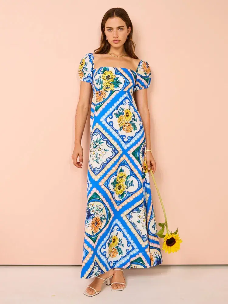 By Nicola Mariposa Puff Sleeve Maxi Dress in Azure Floral Size 8 for rent on The Volte - main image