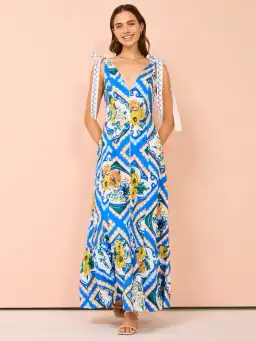 By Nicola Adoncia Tie Sleeve Maxi Dress Azure Blue Floral Size 10 for rent on The Volte - image 1