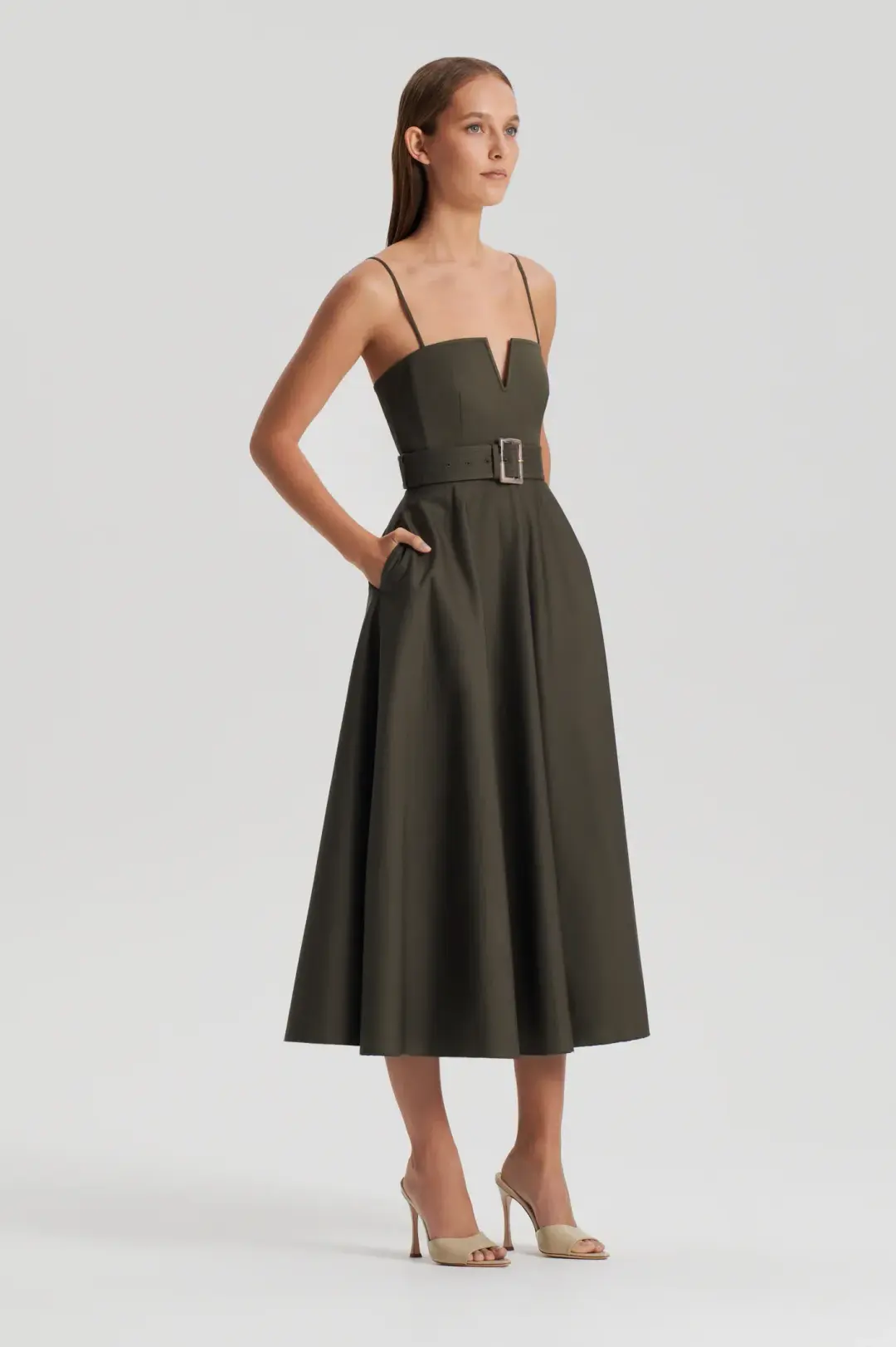 Scanlan Theodore Sateen Resin Trim Dress Khaki Size 10 for rent on The Volte - main image