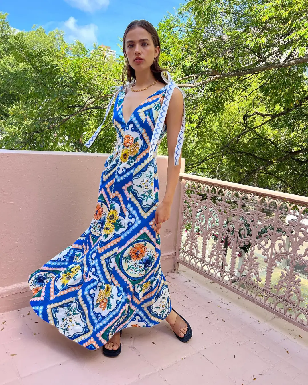 By Nicola Adoncia Tie Shoulder Maxi Dress in Azure Floral Size 6 for rent on The Volte - main image