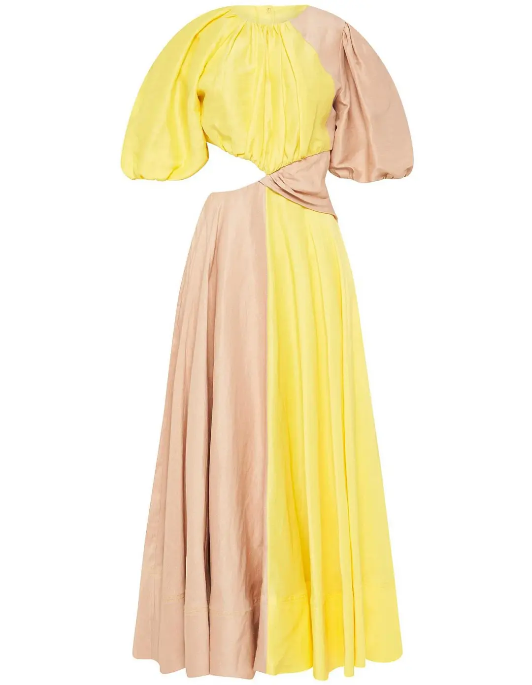 Aje Caliente Two Tone Puff Sleeve Midi Dress Daisy Yellow/Coast Beige Size 8 for rent on The Volte - main image