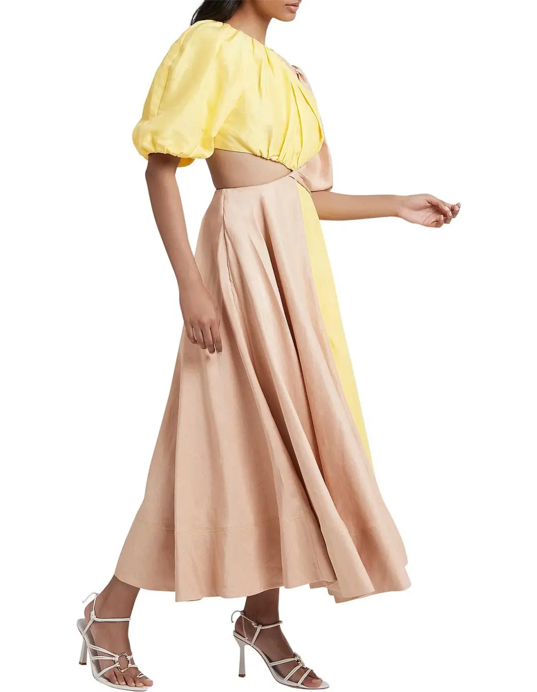 Aje Caliente Two Tone Puff Sleeve Midi Dress Daisy Yellow/Coast Beige Size 8 for rent on The Volte - main image