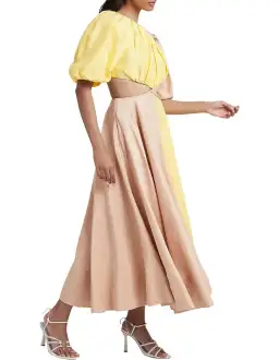 Aje Caliente Two Tone Puff Sleeve Midi Dress Daisy Yellow/Coast Beige Size 8 for rent on The Volte - image 2
