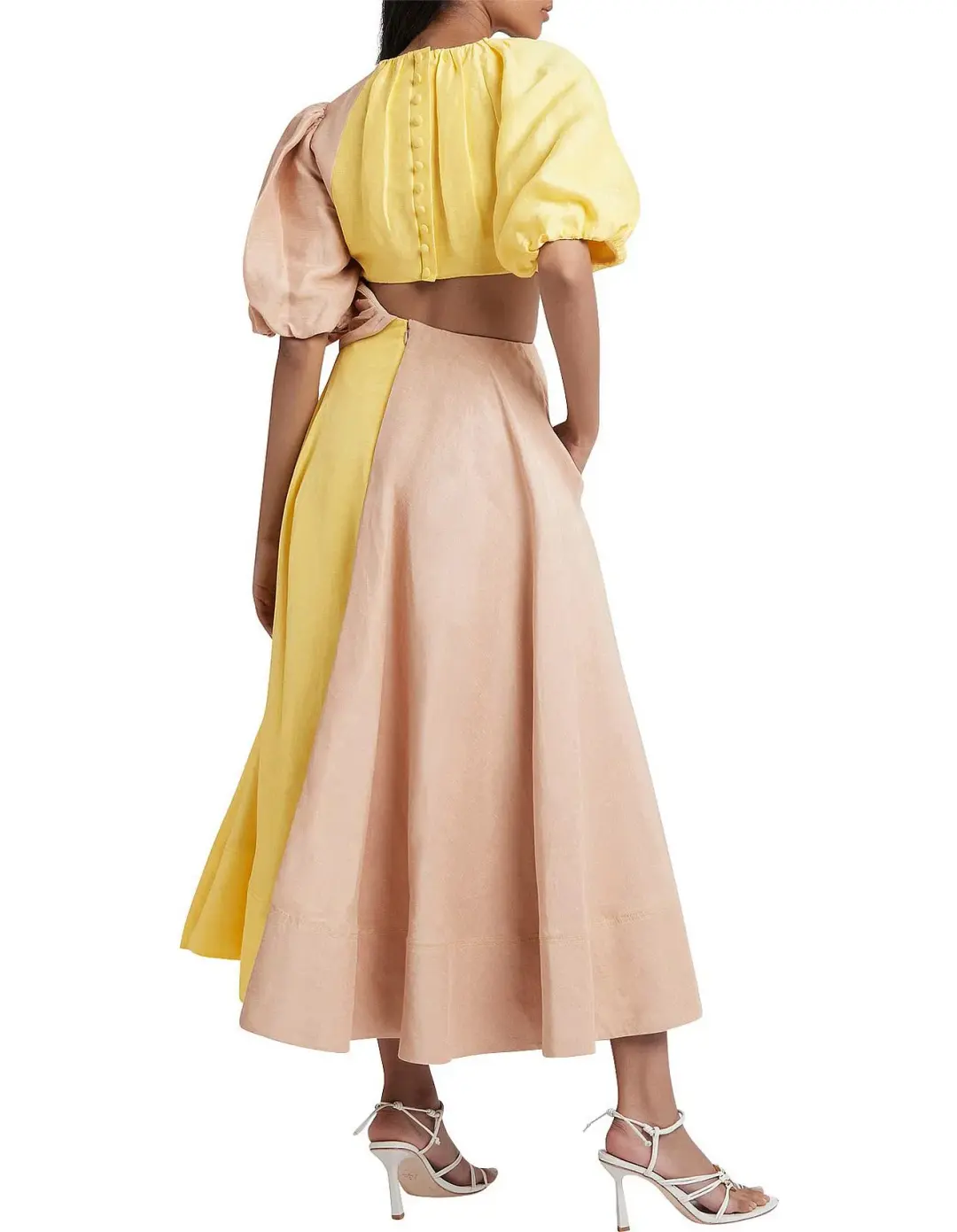 Aje Caliente Two Tone Puff Sleeve Midi Dress Daisy Yellow/Coast Beige Size 8 for rent on The Volte - main image