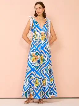 By Nicola Andoncia Tie Shoulder Maxi Dress Azure Blue Floral Size 8 for rent on The Volte - image 1