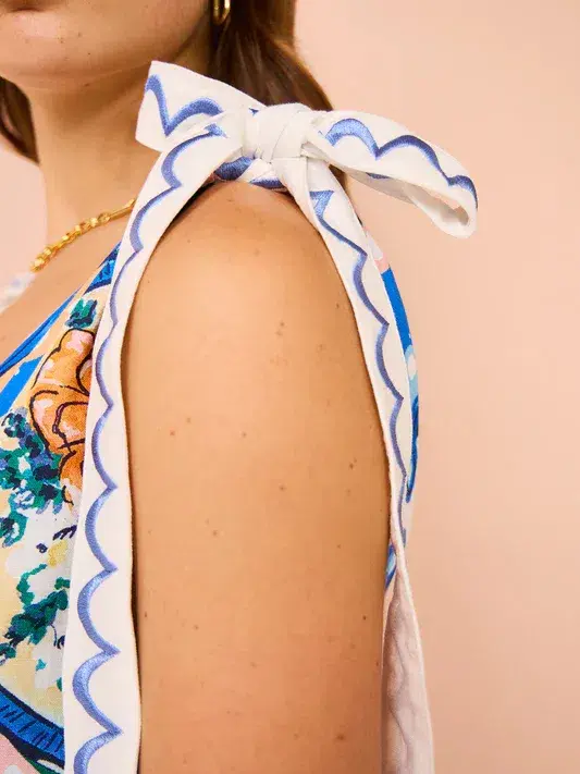 By Nicola Andoncia Tie Shoulder Maxi Dress Azure Blue Floral Size 8 for rent on The Volte - main image