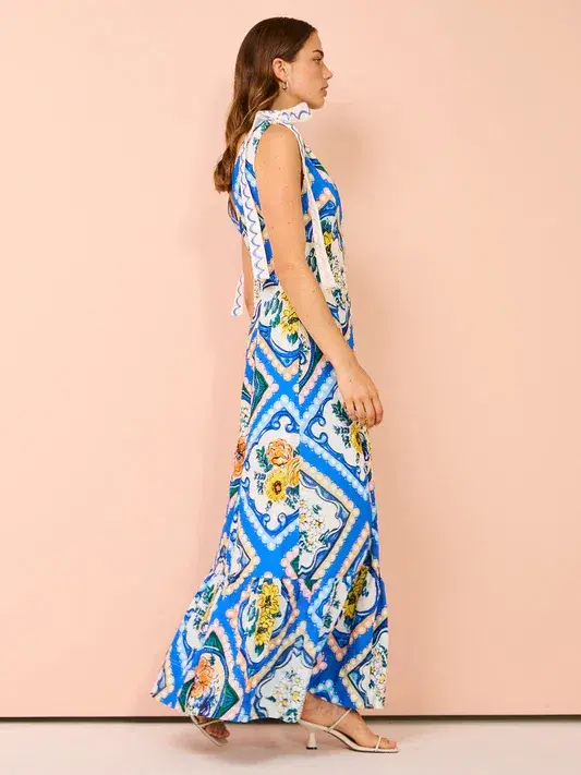 By Nicola Andoncia Tie Shoulder Maxi Dress Azure Blue Floral Size 8 for rent on The Volte - main image