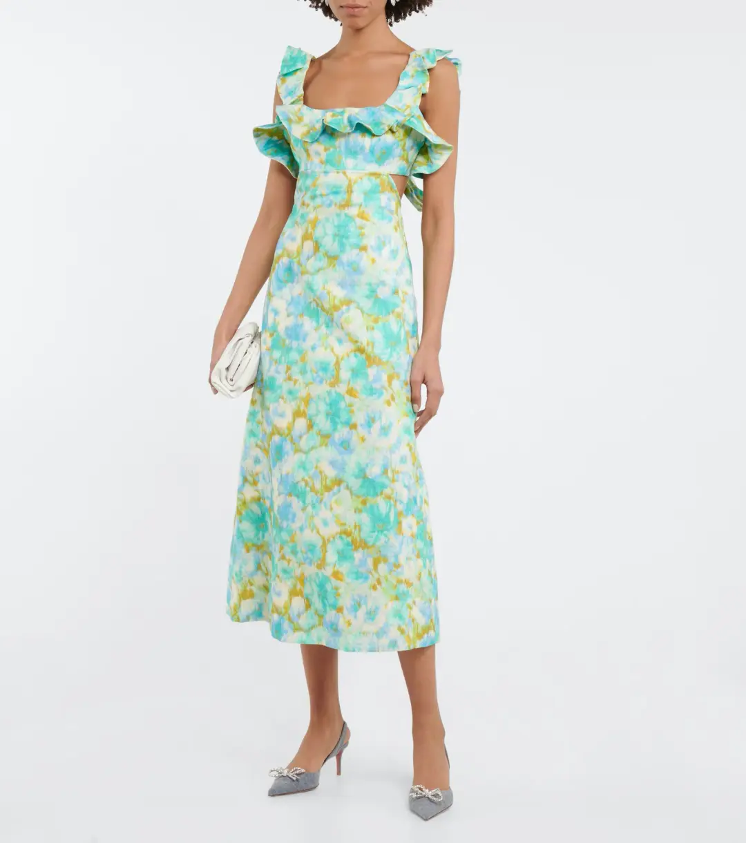 Zimmermann High Tide Linen Midi Dress Aqua Ikat Floral Size 0 / AU 6-8 for rent on The Volte - main image