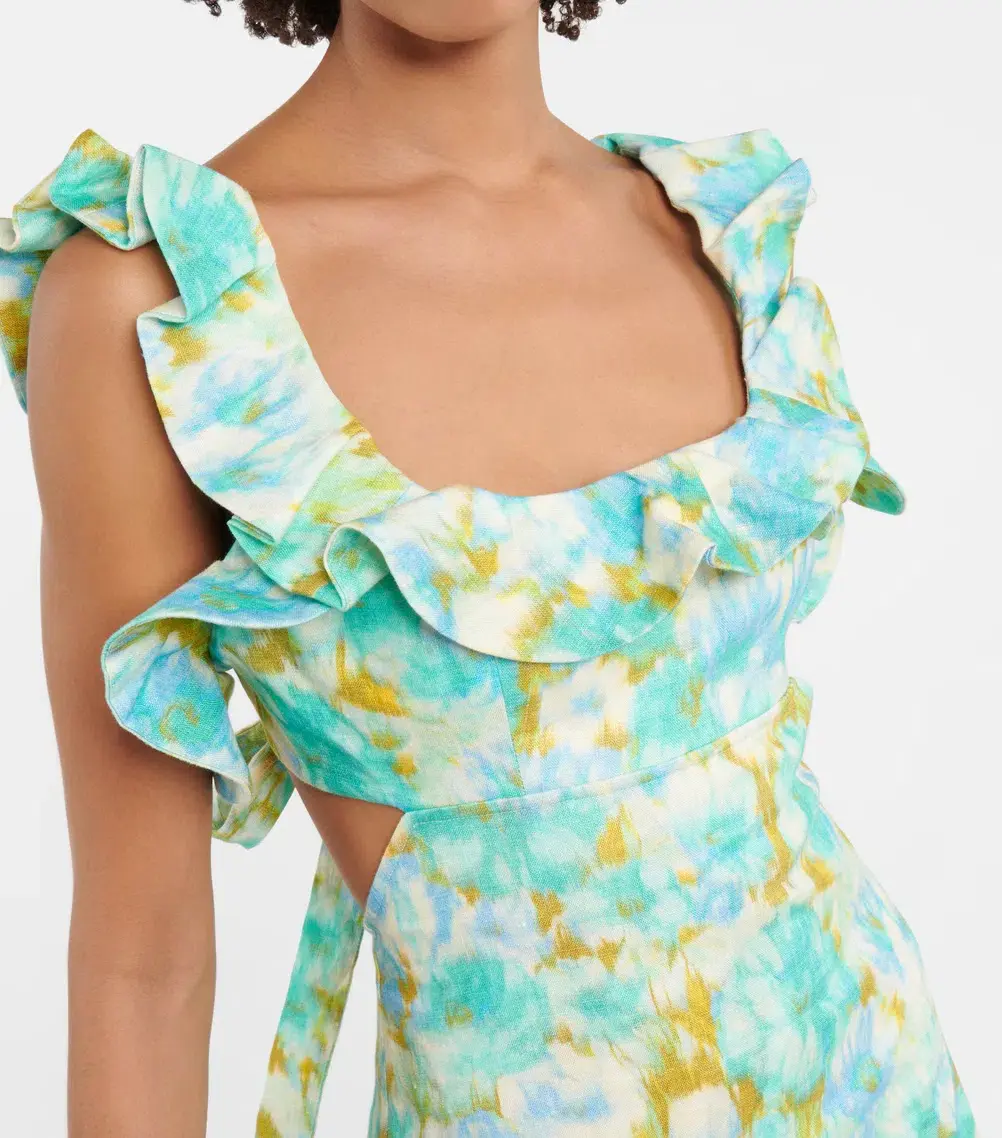 Zimmermann High Tide Linen Midi Dress Aqua Ikat Floral Size 0 / AU 6-8 for rent on The Volte - main image