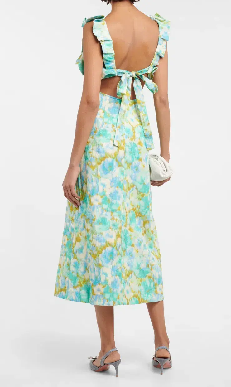 Zimmermann High Tide Linen Midi Dress Aqua Ikat Floral Size 0 / AU 6-8 for rent on The Volte - main image