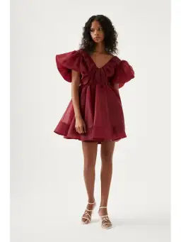 Aje Gretta Organza Mini Dress Burgundy Size AU 10