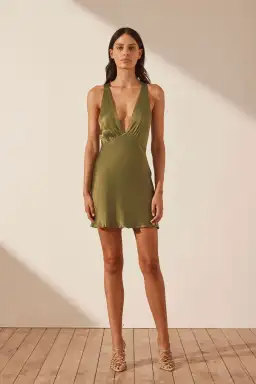 Shona Joy Arienzo Plunged Cross Back Mini Dress Olive Green Size 8