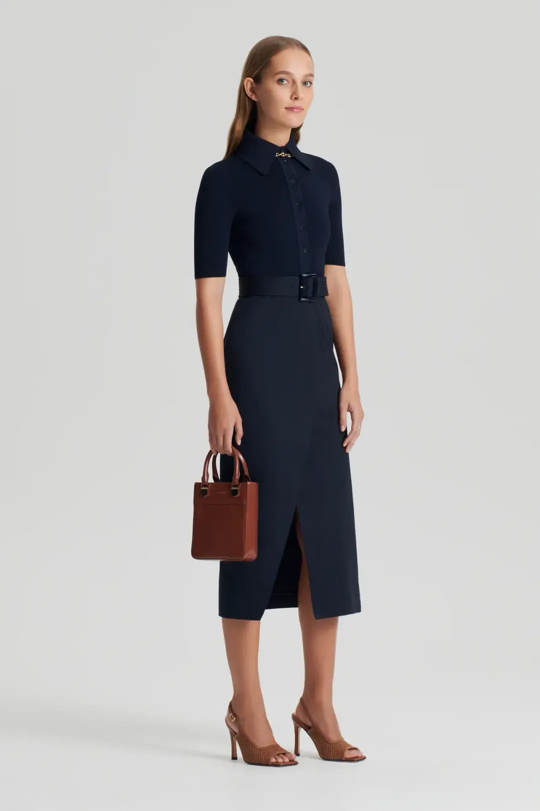 Scanlan Theodore Crepe Knit Pencil Cotton Dress Navy Size 12 for rent on The Volte - main image
