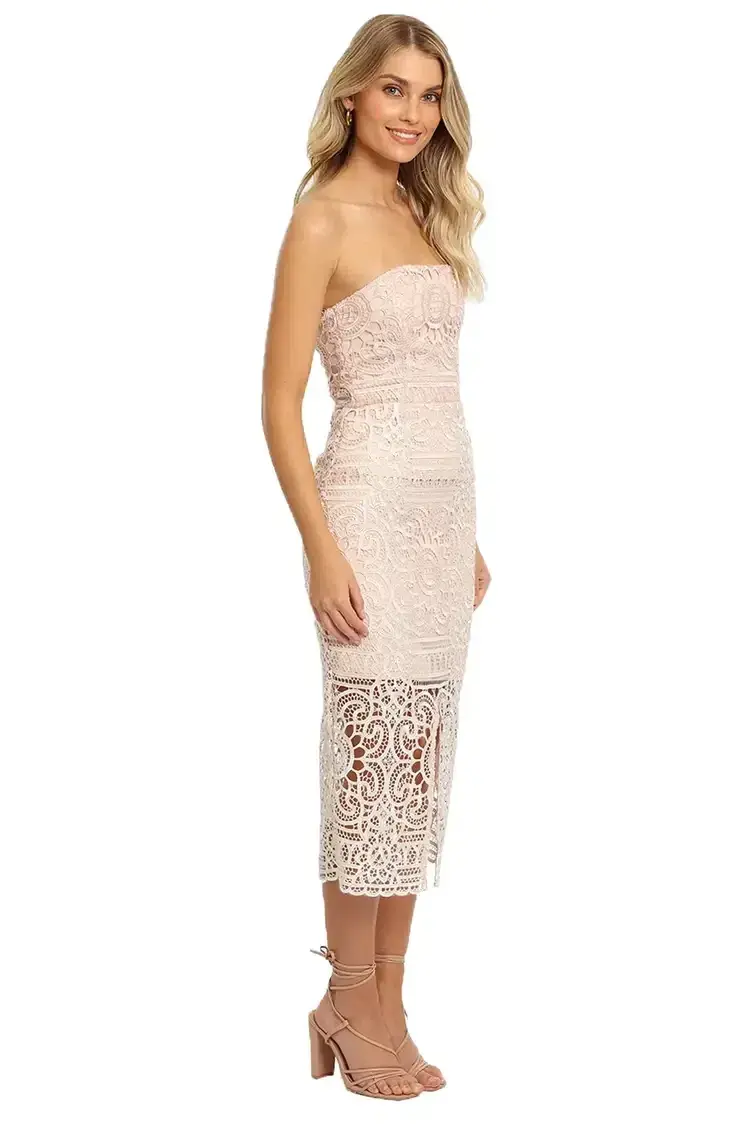 Nicholas Blush Geo Floral Lace Strapless Dress Pink Size 6 for rent on The Volte - main image