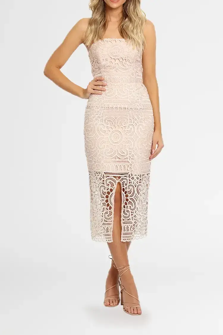 Nicholas Blush Geo Floral Lace Strapless Dress Pink Size 6 for rent on The Volte - main image