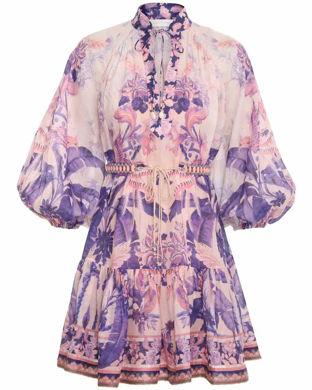 Zimmermann The Lyre Billow Mini Dress in Purple Palm Size 2 / AU 12 for rent on The Volte - main image