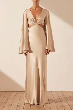 Shona Joy La Lune Flared Sleeve Open Back Maxi Dress Gold Size 6