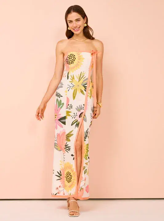 By Nicola Claudia Strapless Wrap Maxi Dress Potpourri/Melon Size 8 for rent on The Volte - main image