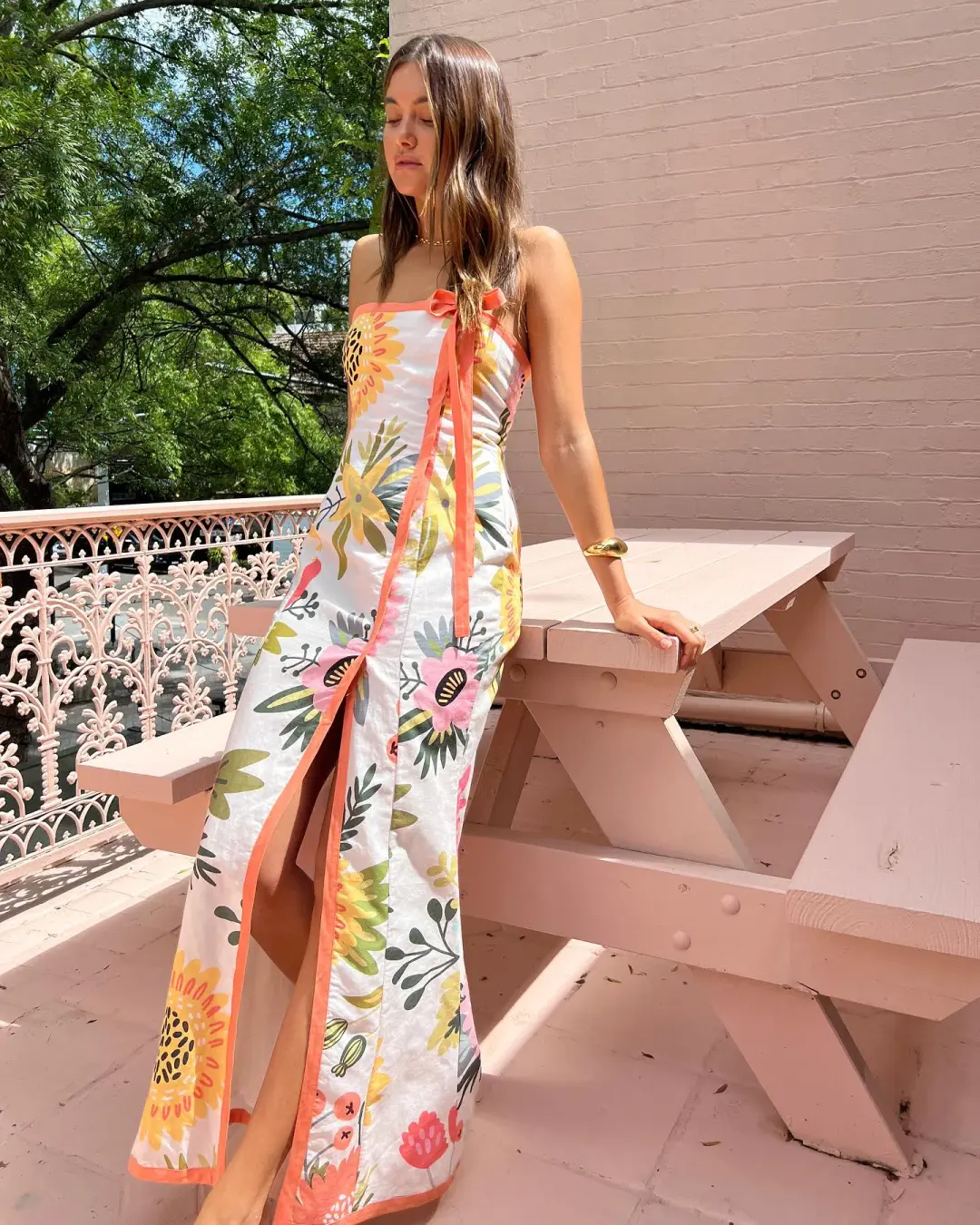 By Nicola Claudia Strapless Wrap Maxi Dress Potpourri/Melon Size 8 for rent on The Volte - main image