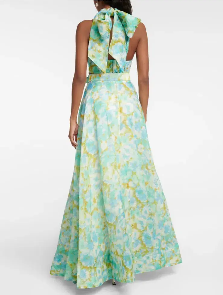 Zimmermann High Tide Twist Crop Bodice Size 3 / AU 14 & Maxi Skirt Size 2 / AU 12 Set in Aqua Ikat Floral for rent on The Volte - main image