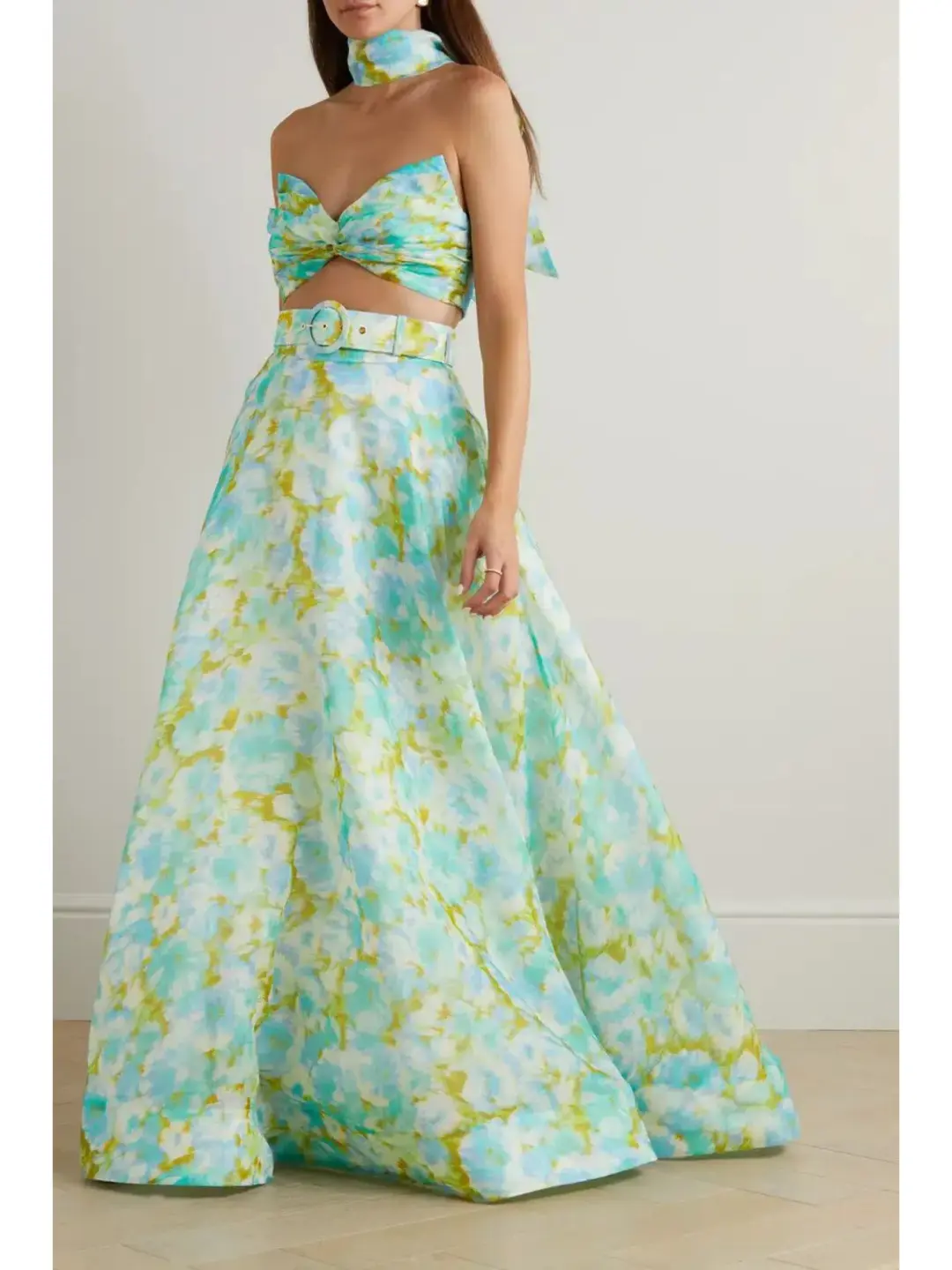Zimmermann High Tide Twist Crop Bodice Size 3 / AU 14 & Maxi Skirt Size 2 / AU 12 Set in Aqua Ikat Floral for rent on The Volte - main image