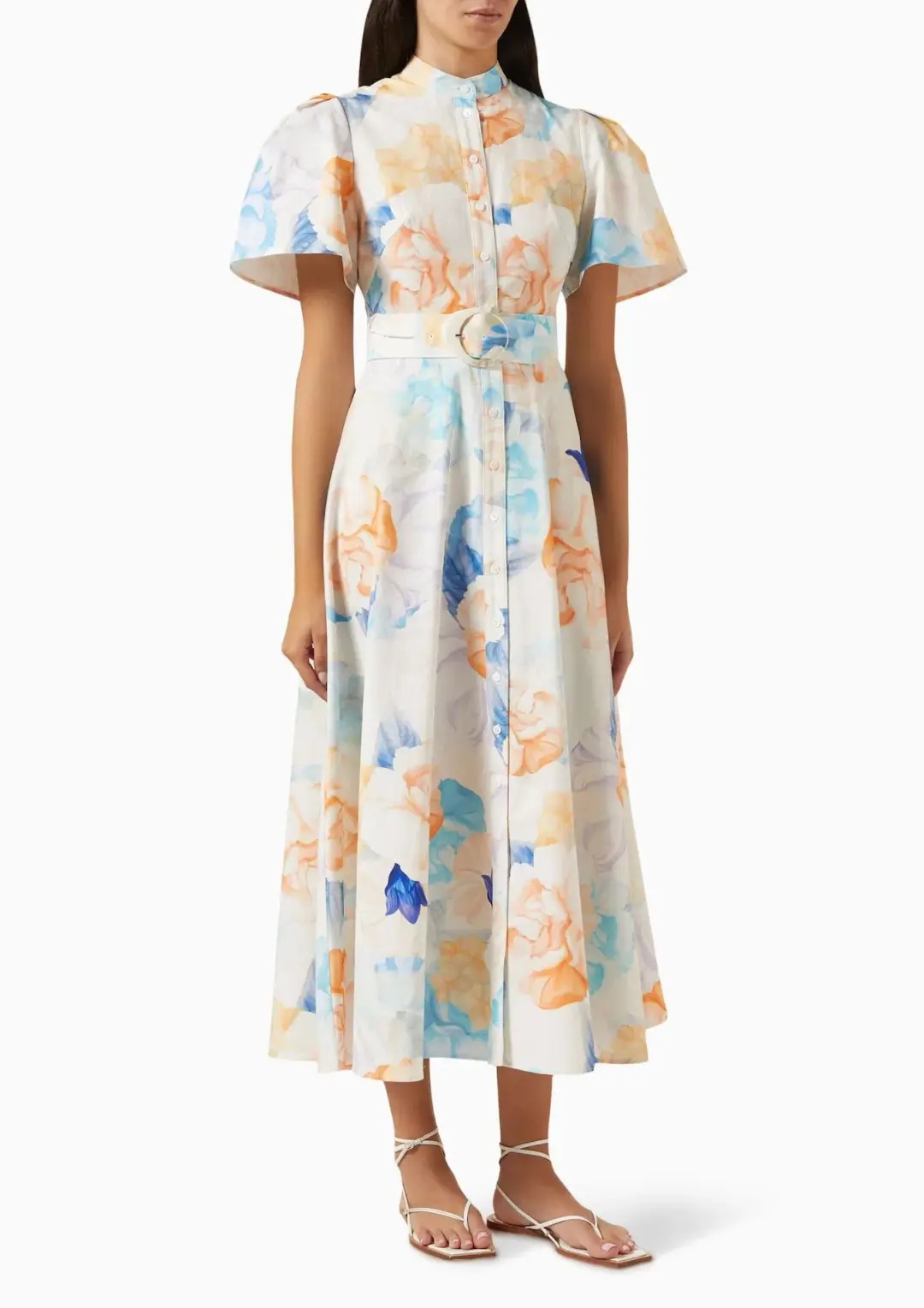 Leo Lin Bianca Short Sleeve Midi Dress Rosebud Floral Print in Cream Size 16 for rent on The Volte - main image