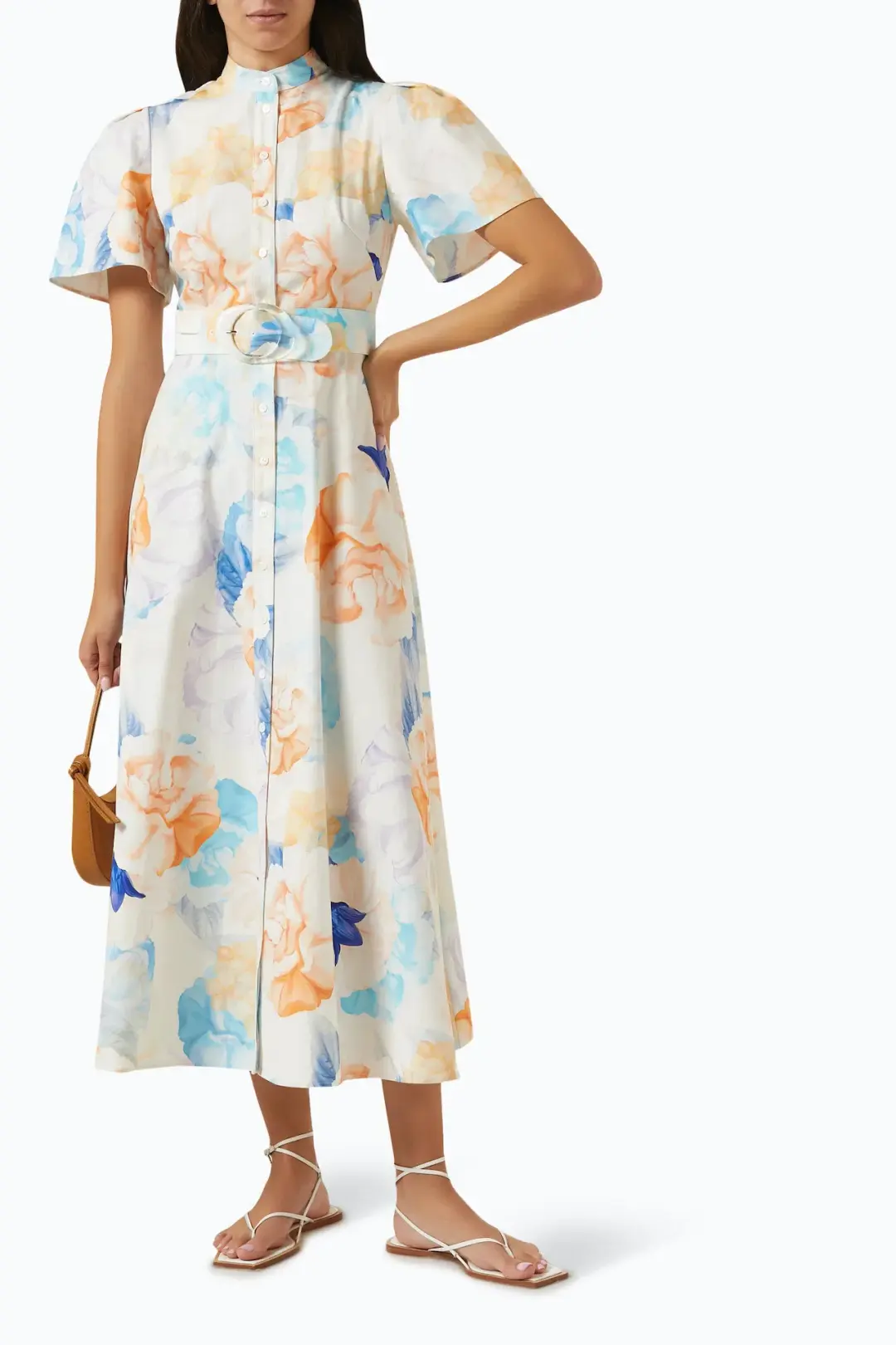 Leo Lin Bianca Short Sleeve Midi Dress Rosebud Floral Print in Cream Size 16 for rent on The Volte - main image