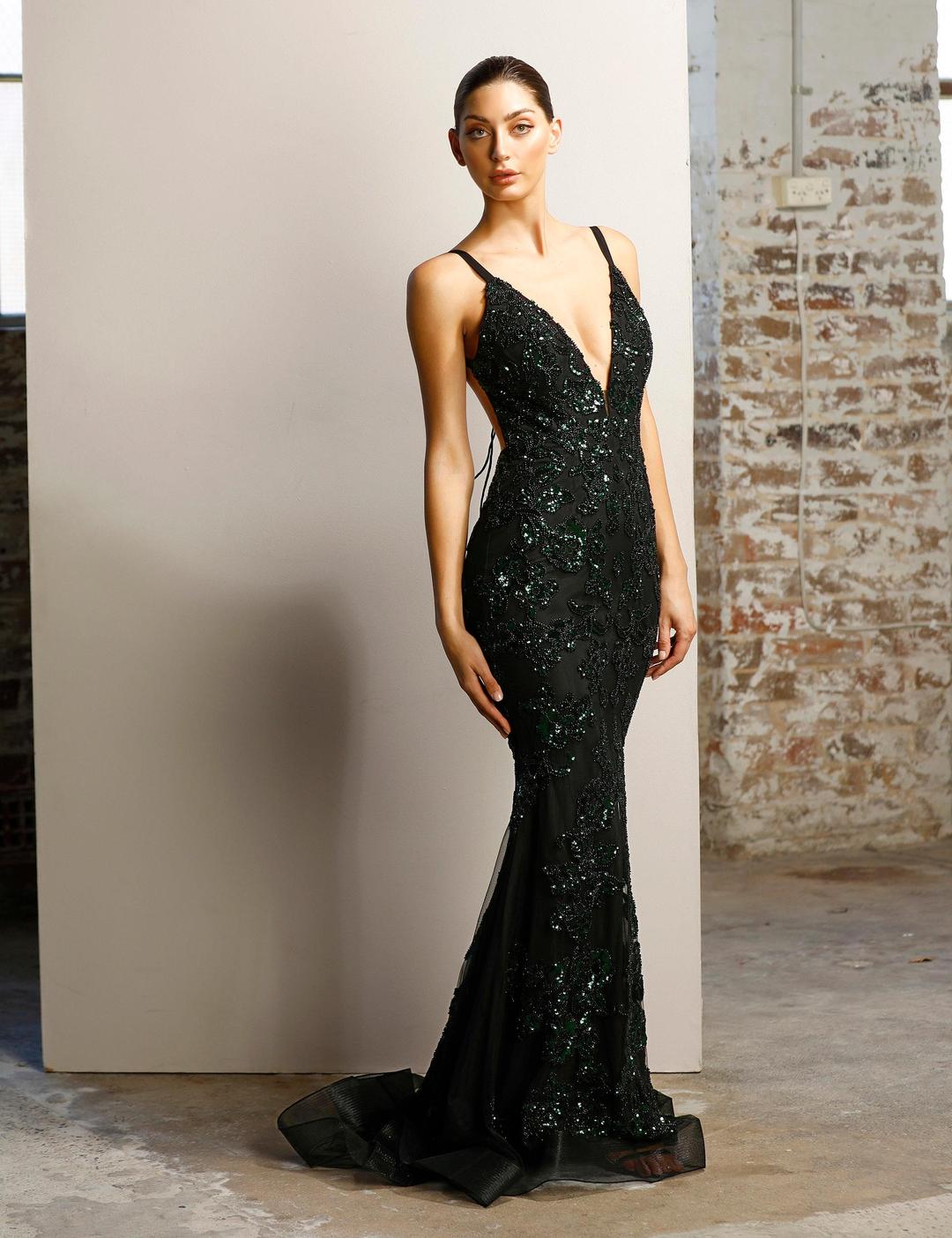 JADORE JX1106 - Black emerald green sequin gown for rent on The Volte - main image