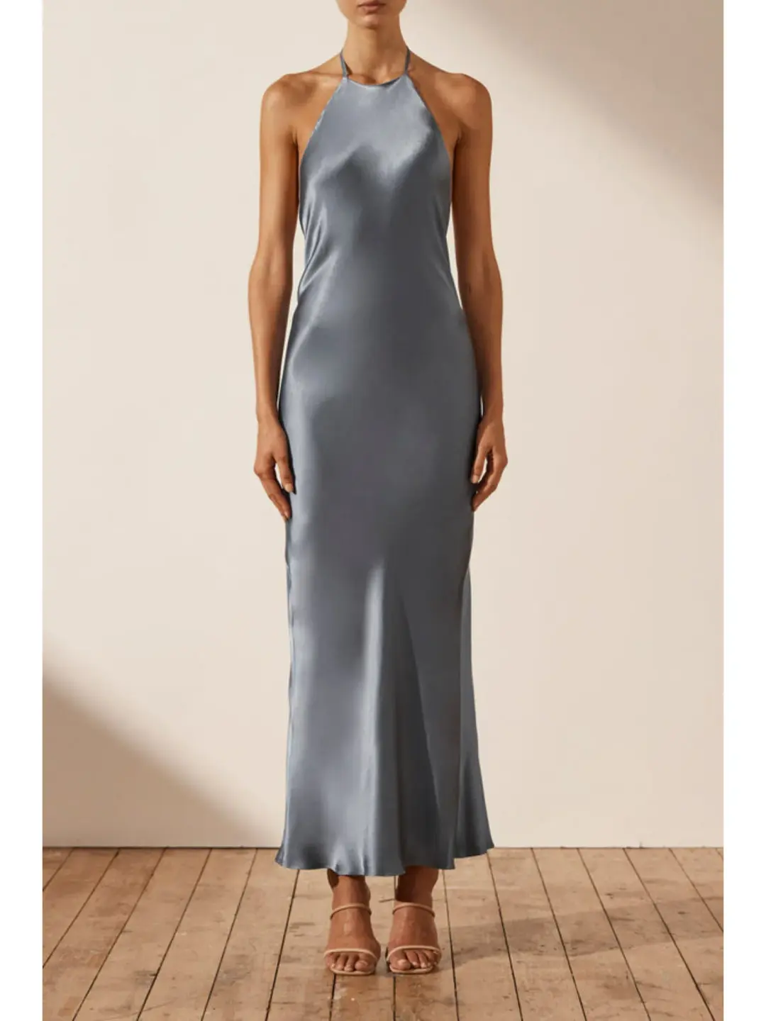 Shona Joy La Lune Low Back Halter Neck Midi Dress Blue Smoke Size AU 14 for rent on The Volte - main image
