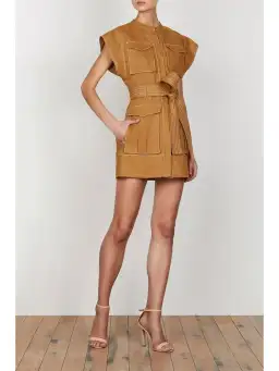 Shona Joy Eams Linen Utility Mini Dress in Nutmeg Size AU 8