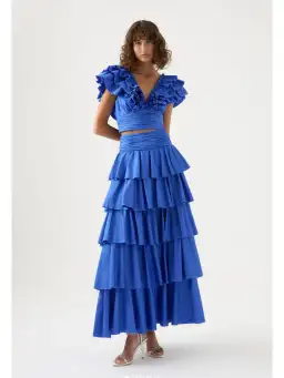 Aje Rhythmic Frill Bodice and Eleni Maxi Skirt Blue Size AU 8 for rent on The Volte - image 1