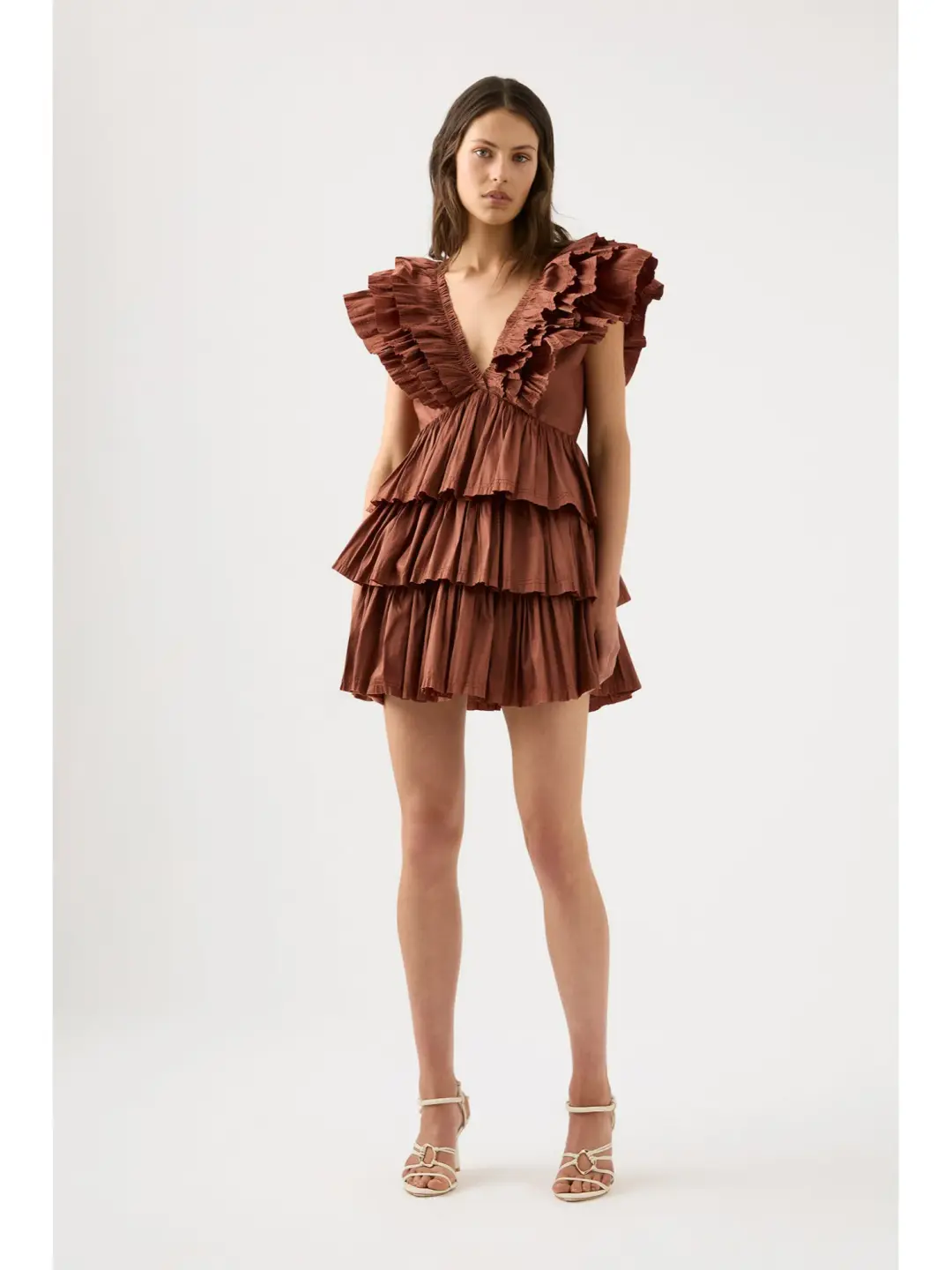 Aje Rhythmic Frilled Mini Dress Coffee Size AU 14 for rent on The Volte - main image