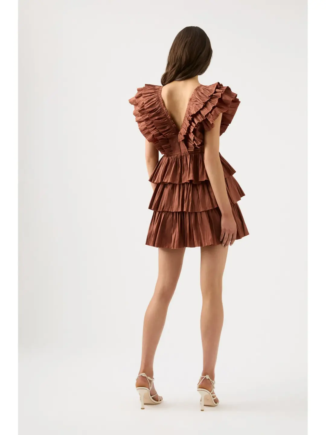 Aje Rhythmic Frilled Mini Dress Coffee Size AU 14 for rent on The Volte - main image