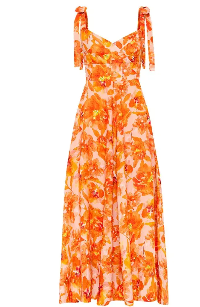 Sofia The Label Genevieve Midi Dress in Orange Bloom Size 8 for rent on The Volte - main image