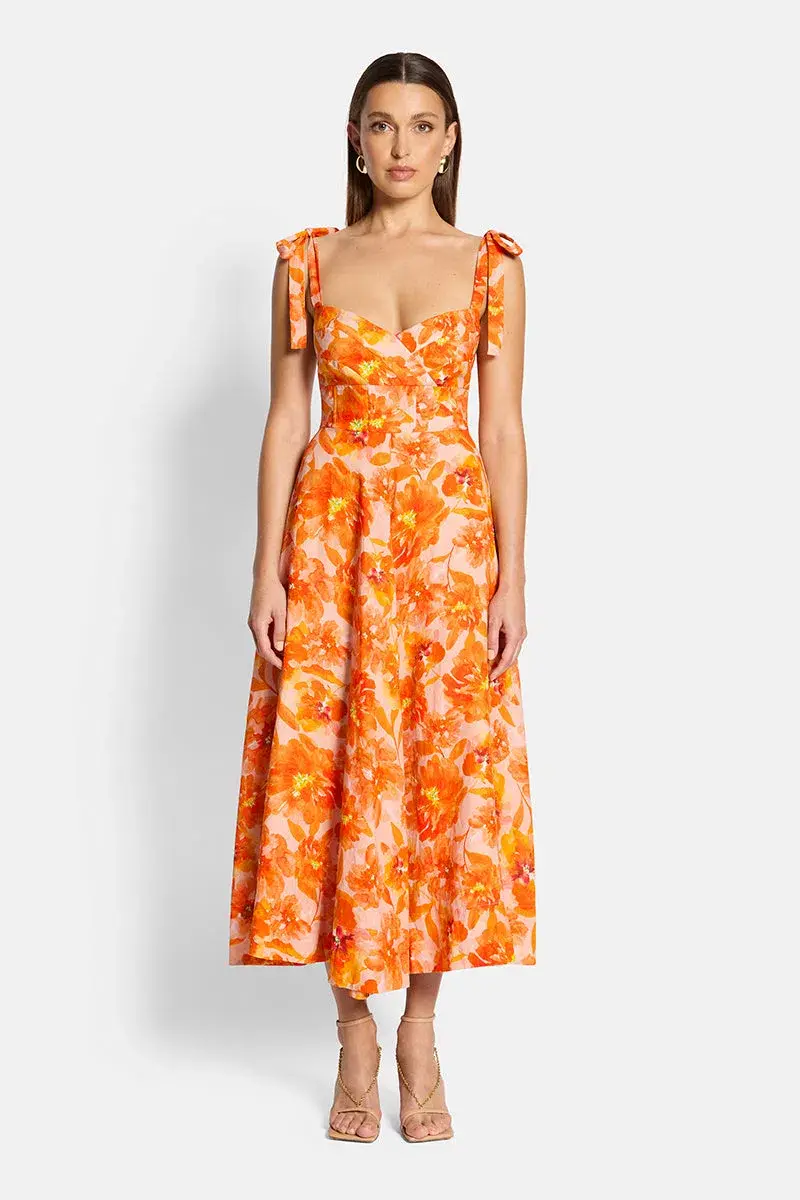 Sofia The Label Genevieve Midi Dress in Orange Bloom Size 8 for rent on The Volte - main image