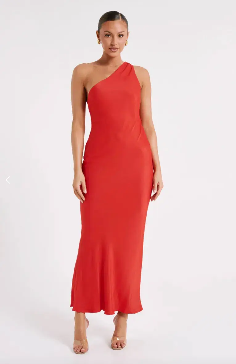 Meshki Alejandra One Shoulder Satin Maxi Dress Red Size L /Au 12 for rent on The Volte - main image