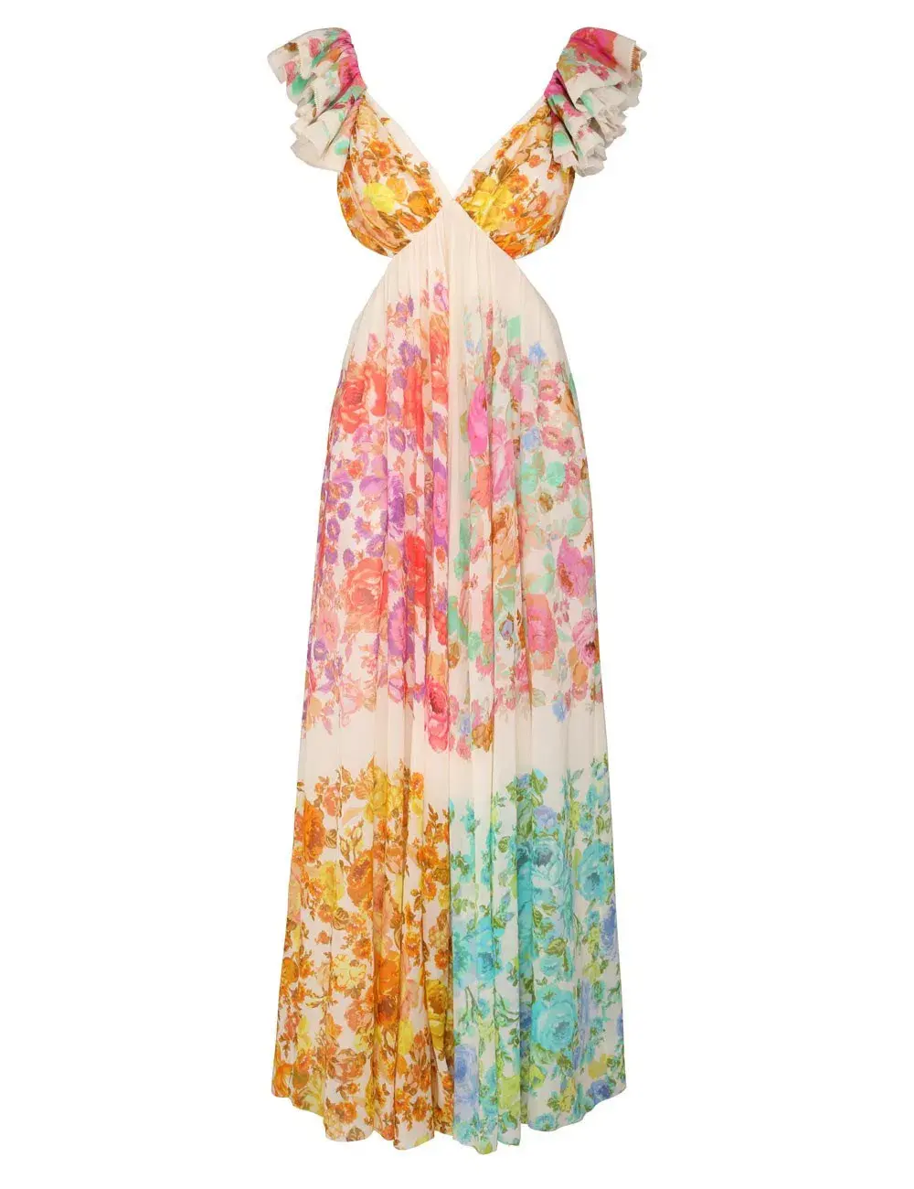 Zimmermann Raie Cut Out Ruffled Printed Silk-Chiffon Midi Dress Multi Floral Size 4/ AU 16 for rent on The Volte - main image