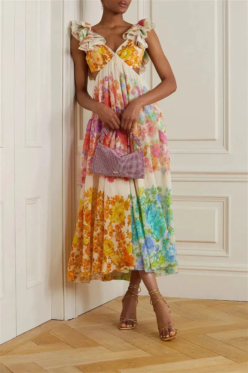 Zimmermann Raie Cut Out Ruffled Printed Silk-Chiffon Midi Dress Multi Floral Size 4/ AU 16 for rent on The Volte - main image