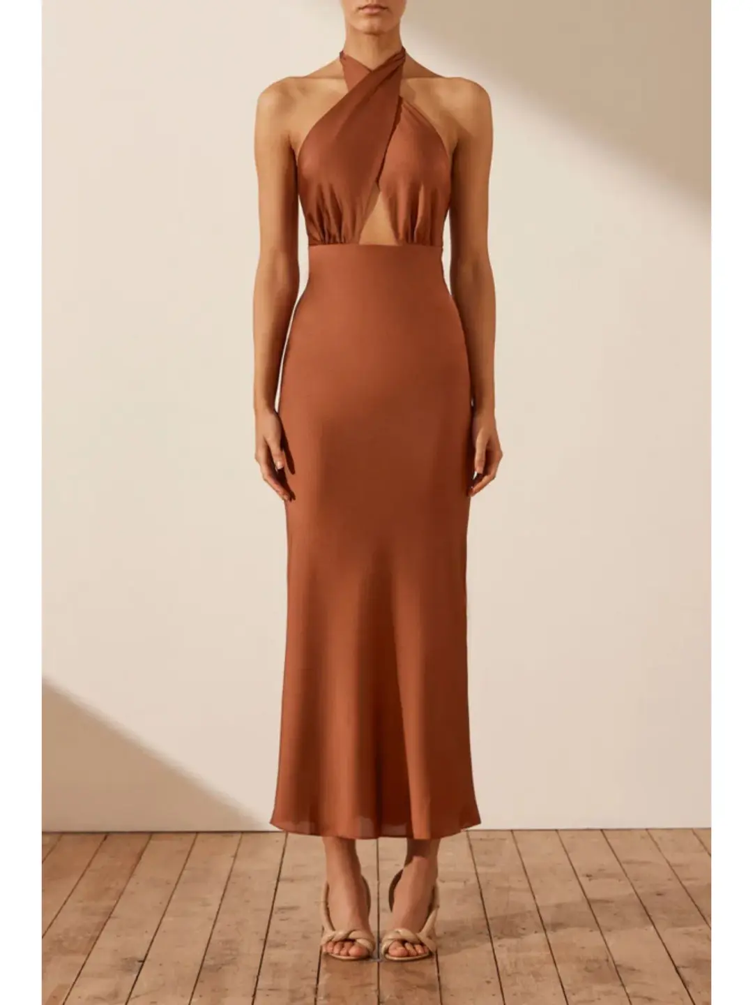 Shona Joy Luxe Cross Front Halter Midi Dress Mocha Size AU 12 for rent on The Volte - main image