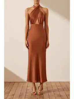 Shona Joy Luxe Cross Front Halter Midi Dress Mocha Size AU 12 for rent on The Volte - image 1