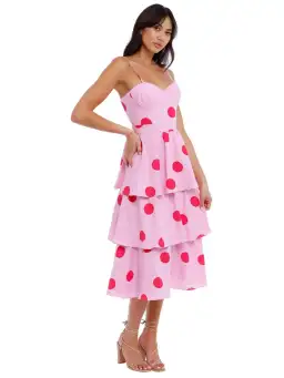 Rebecca Vallance Dalia Midi Dress in Pink Polka Dot Size AU 10